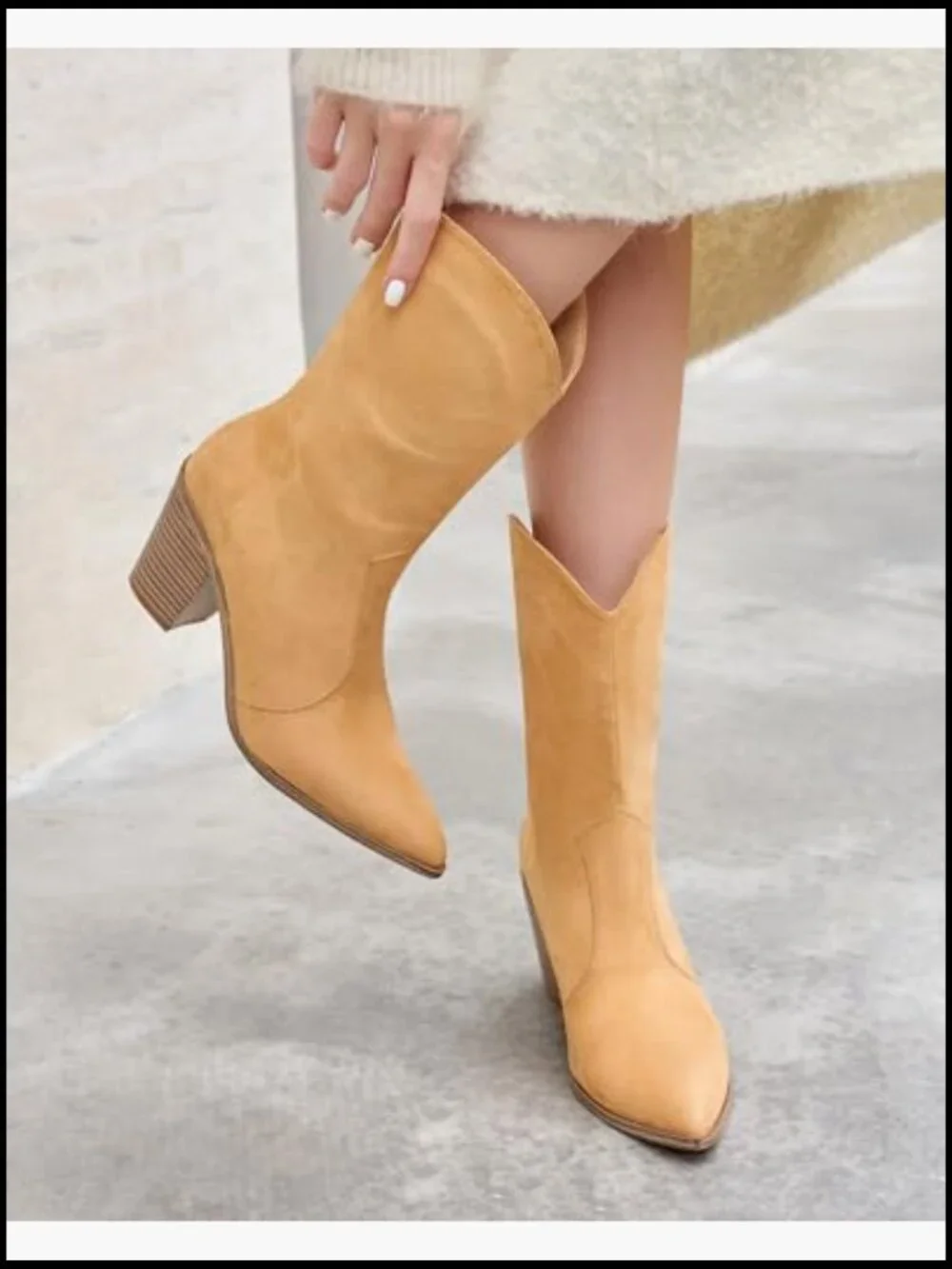 Women's Mid Calf Cowboy Boots Chunky Block Heel Pointed Toe Western Cowgirl - Picture 3 of 7